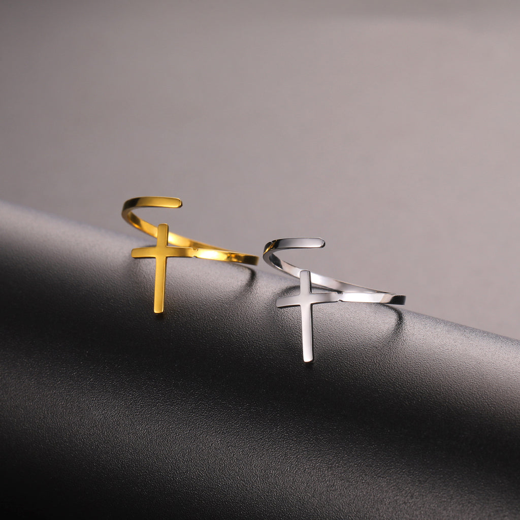 18K Gold Plating Titanium Steel Cross Open Couple Ring Adjustable