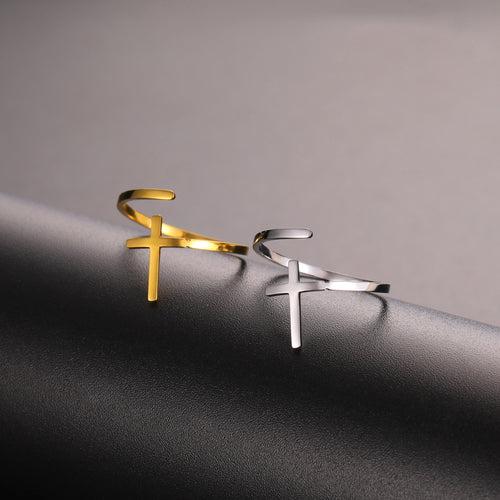 18K Gold Plating Titanium Steel Cross Open Couple Ring Adjustable